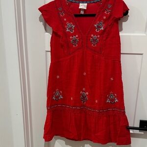 Red Embroidered Flutter-Sleeve Dress